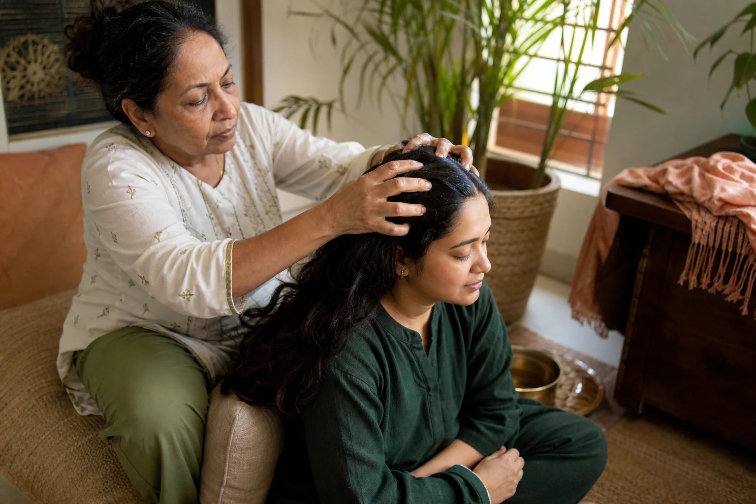 A warm family hair-care ritual passed between generations