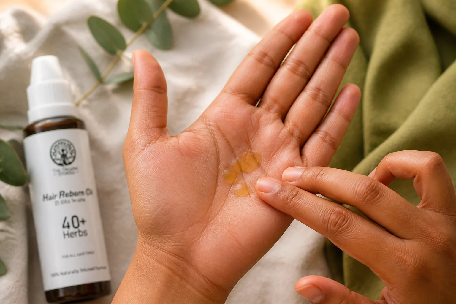 A small amount of botanical hair oil in a palm